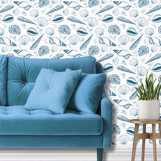 Papel Pintado Mar Shell océano playa azul blanco (Blue and white coastal beach vibe, seashell wallpaper.)