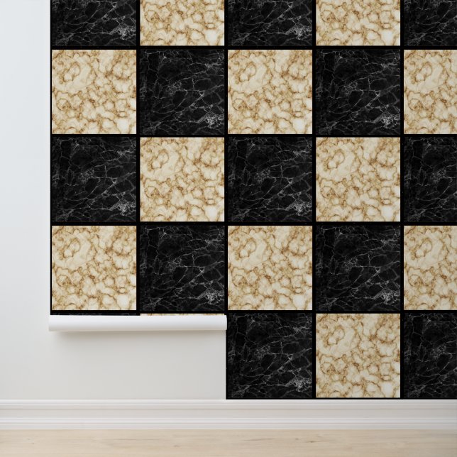 Papel Pintado Marble Black Ivory Gold Checkers (Solicitud)