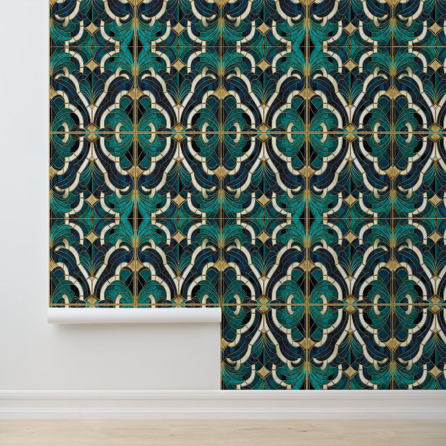 Papel Pintado Marble de lujo Mosaico Art Deco Azul Oro y Verde a (Solicitud)