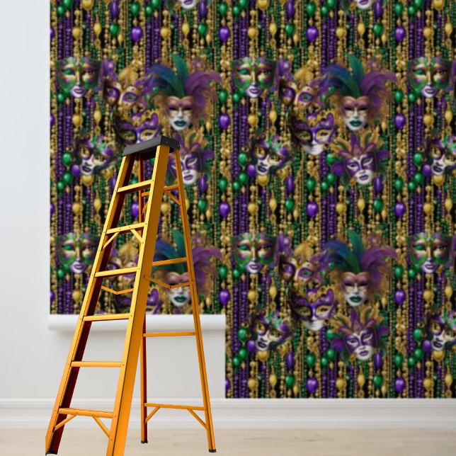 Papel Pintado Mardi Gras Carnavales Mascarillas Oro Púrpura Verd (Mardi Gras Carnival Beads Masks Green Purple Gold Wallpaper)
