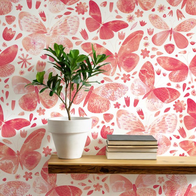 Papel Pintado Mariposa acuática Coral Arte Rosa (Coral blush pink and white watercolor butterfly pattern art wallpaper)