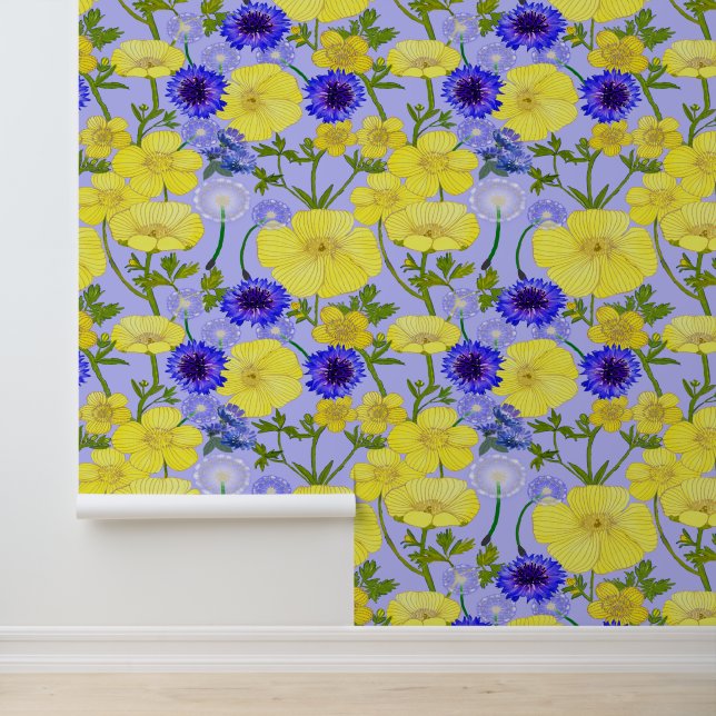 Papel Pintado Mariposa Amarilla Y Flores De Cornflor Azul (Solicitud)