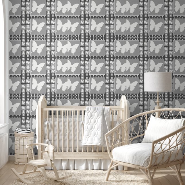Papel Pintado Mariposa Blanca En Gris (Niños)