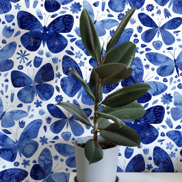 Papel Pintado Mariposa de acuarela Arte azul y blanco