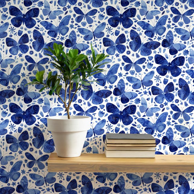 Papel Pintado Mariposa de color azul y blanco (Blue and white watercolor butterfly pattern peel and stick art wallpaper)