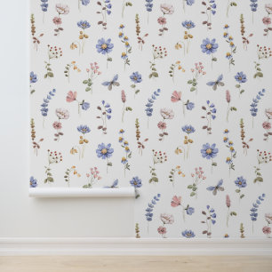 Papel Pintado Mariposa de Flores Silvestres de Acuarela Rosa Per