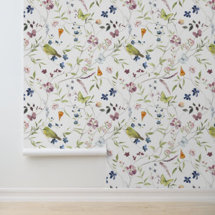 Papel Pintado Mariposa de ojo blanco japonés acuarela flor silve