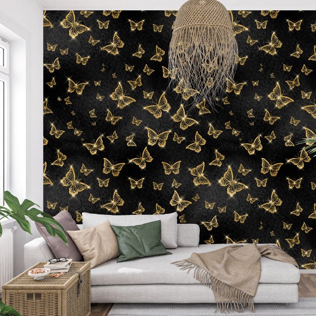 Papel Pintado Mariposa esparcal negra real y dorada (Royal black and golden Sparkle Butterfly Wallpaper)