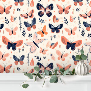 Papel Pintado Mariposa Floral Naranja Azul Divertida