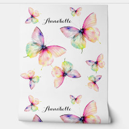 Papel Pintado Mariposa rosa delgada en colores arcoiris pasteles