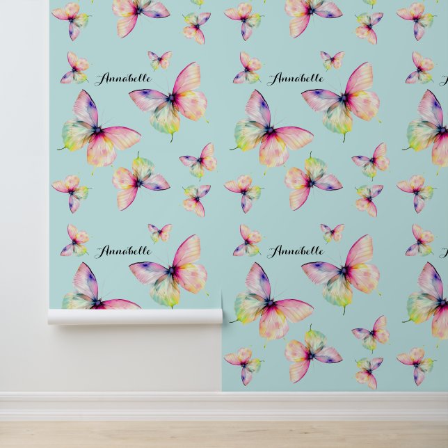 Papel Pintado Mariposa rosa delgada en colores arcoiris pasteles (Solicitud)