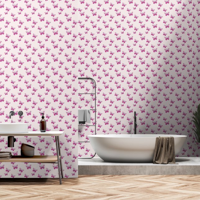 Papel Pintado Mariposa rosa juguetona insectos estilo Doodle (Baño)