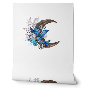 Papel Pintado Mariposas azules en creciente de madera