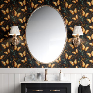 Papel Pintado Mariposas doradas y enredaderas sobre negro