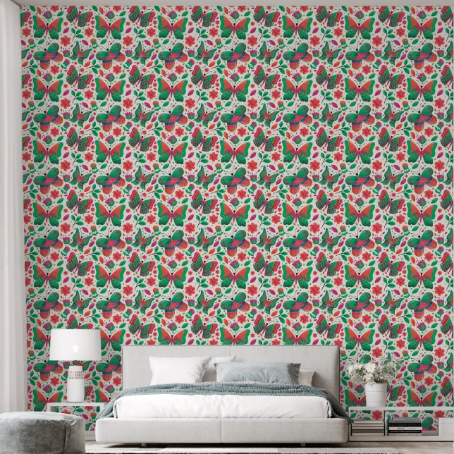 Papel Pintado Mariposas, Flores y Hojas (Dormitorio)
