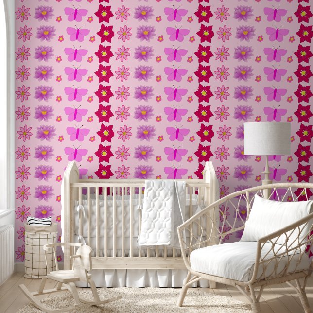Papel Pintado Mariposas y flores de bebé rosa (Niños)