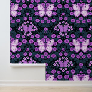 Papel Pintado Mariposas y simetría floral, violeta y azul