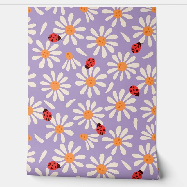 Papel Pintado Mariquitas Moradas y Margaritas (Desenrollar)