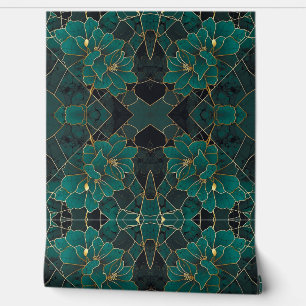 Papel Pintado Mármol Art Deco Mosaico Floral Esmeralda Verde y O