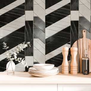 Papel Pintado Mármol Chevron Blanco y Negro