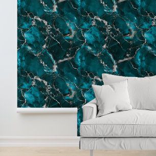 Papel Pintado Mármol con apariencia metálica plateada turquesa