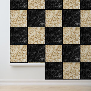 Papel Pintado Mármol Negro Blanco Marfil Oro Damero