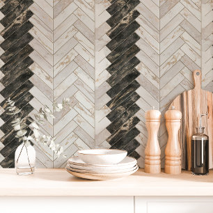 Papel Pintado Mármol Negro y Blanco Espina de Pescado Chevron