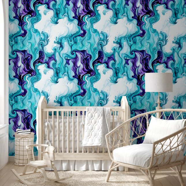 Papel Pintado Mármol turquesa, Verde azulado y púrpura (Niños)