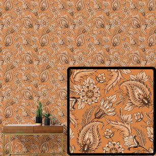 Papel Pintado Marrón Naranja Floral Paisley Elegante 