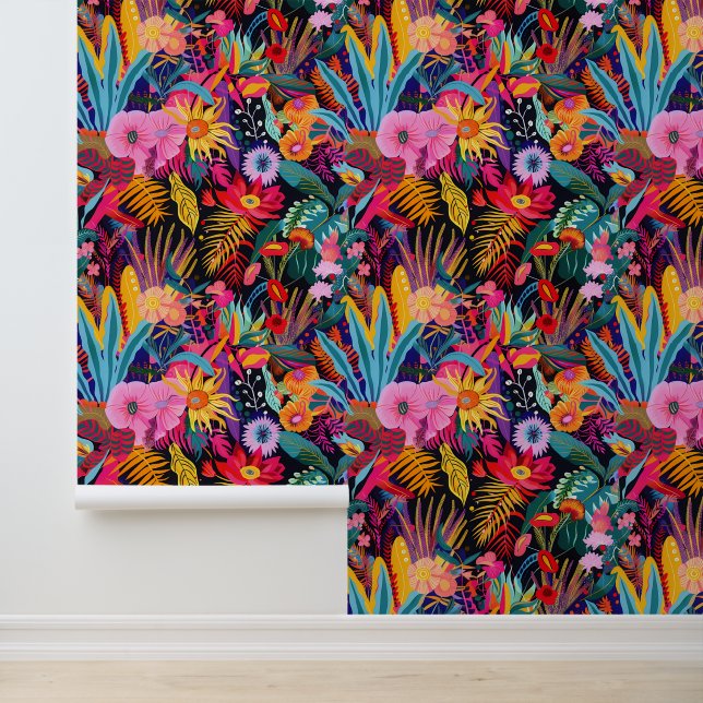 Papel Pintado Máximalismo floral de la jungla tropical (Solicitud)