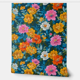 Papel Pintado Maximalist Orange and Pink Floral on Blue