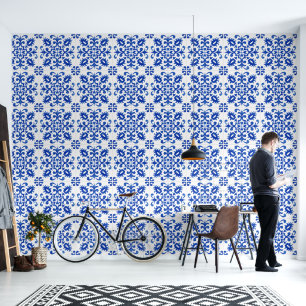 Papel Pintado Medallón redondo central de azulejo azul portugués