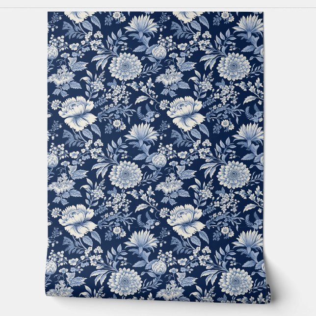 Papel Pintado Medianoche Blossom Petite - Azul y Blanco (Desenrollar)