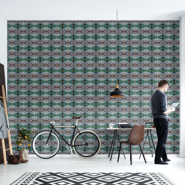 Papel Pintado Medio de patrón ocular verde y plateado (Sala de estar)