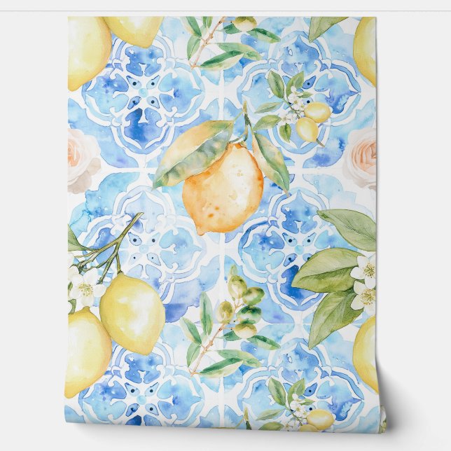 Papel Pintado Mediterranean Blue Tile Yellow Lemon Watercolor (Desenrollar)