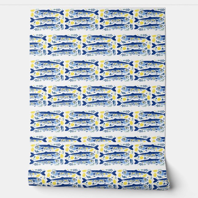 Papel Pintado Mediterranean Summer Blue and Yellow Sardines (Desenrollar)