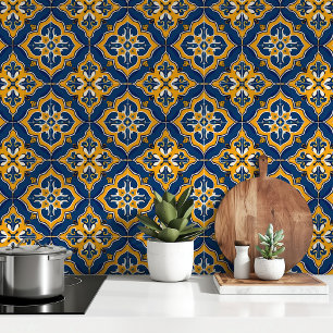 Papel Pintado Mediterráneo dorado: Azulejo azul y amarillo