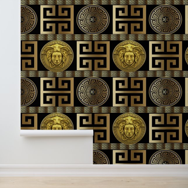 Papel Pintado Medusa Greek Key Gold sobre el diseñador negro (Solicitud)