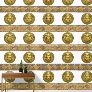 Papel Pintado Medusa y Llave Griega en Oro sobre Diseñador BLANC