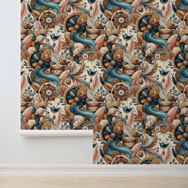 Papel Pintado Mezcla bohemia verde azulada, magenta, morada sobr (Solicitud)