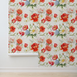 Papel Pintado Mezcla clásica de flores rojas peony tulip rosa da