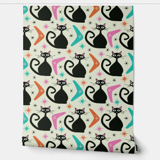 Papel Pintado Mid Century Black Atomic Cats with Boomerangs