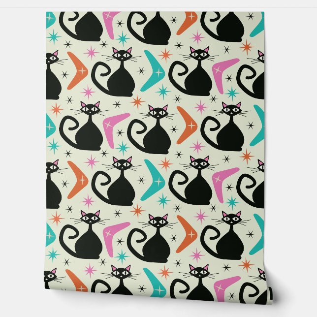 Papel Pintado Mid Century Black Atomic Cats with Boomerangs  (Desenrollar)