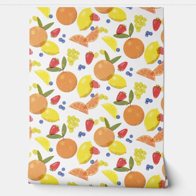 Papel Pintado Mid Mod Grungy Risograph Kitchen Fruit (Desenrollar)