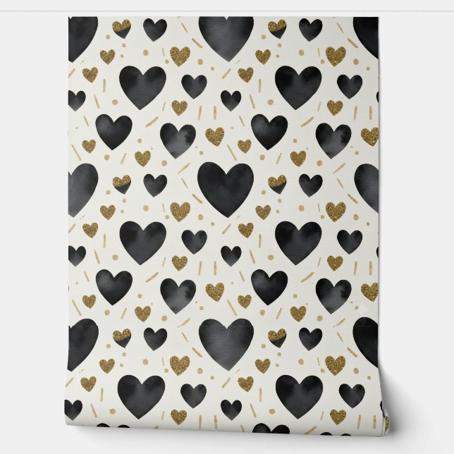 Papel Pintado Midnight Hearts & Golden Shimmer (Desenrollar)