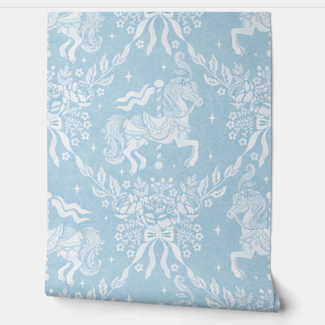 Papel Pintado Mineral Blue Rococo Carousel Horses & Florals  (Desenrollar)