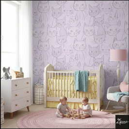 Papel Pintado Minimalist Lilac Line Art Cat Pattern