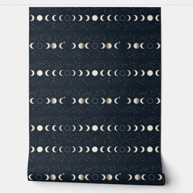 Papel Pintado Minimalist Lunar Phases Pattern with Stars and Nig (Desenrollar)