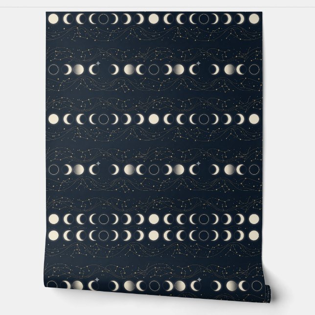 Papel Pintado Minimalist Lunar Phases Pattern with Stars and Nig (Desenrollar)