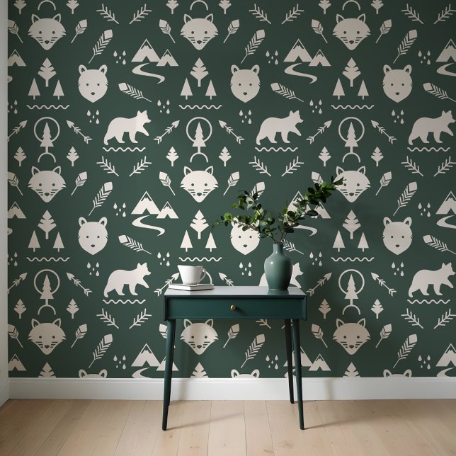 Papel Pintado Mínimo al aire libre Wilderness Animales Forestale (Minimal Outdoor Wilderness Forest Animals Green Wallpaper)